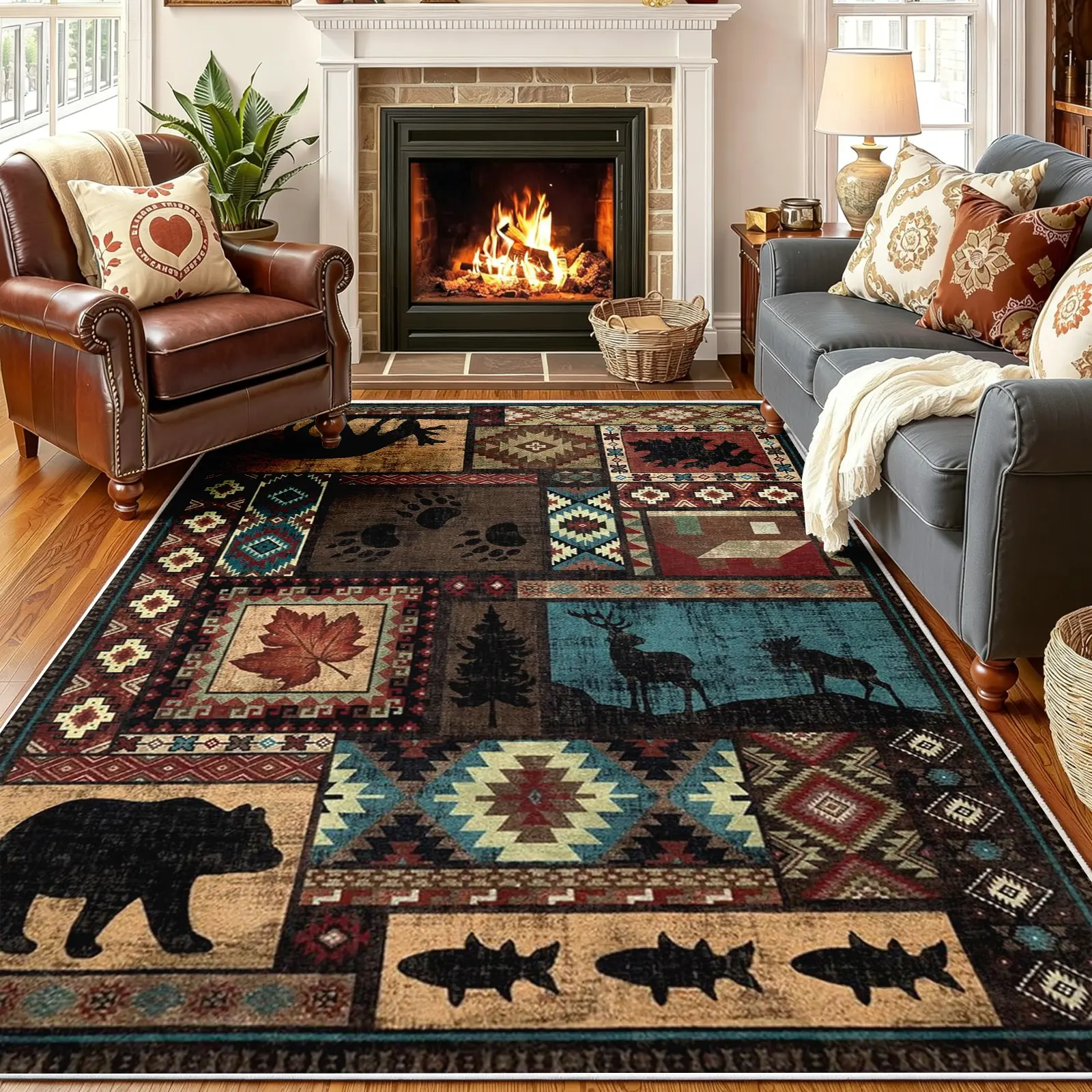 Rustic Patchwork Area Rug, Teal & Brown Wildlife Bear, Deer & Pine Tree Silhouette with Geometric Borders, Non-Slip Washable Carpet, Soft Durable Floor Mat, Boho Aesthetic Rugs for Living Room Cabin Decor, 8 x 10 ft Area Rugs