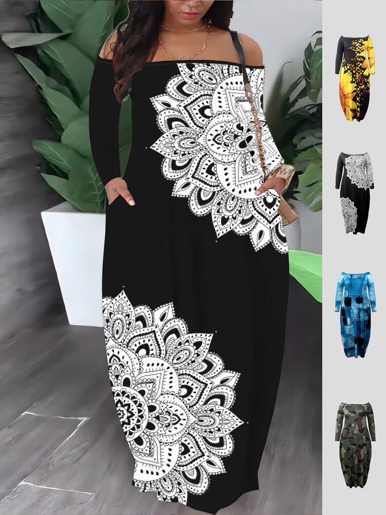 【Plus Size】 Casual Boho Elegant All Over Print Pocket Off Shoulder Dress Long Sleeve Long Dress for Spring & Fall, Women's Clothes for Daily Wear