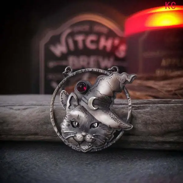 Gothic Magic Cat Pendant Necklace With Ruby Inlay, Dark Punk Style Jewelry, Unique Cat Design Necklace For Fashion Outfits
