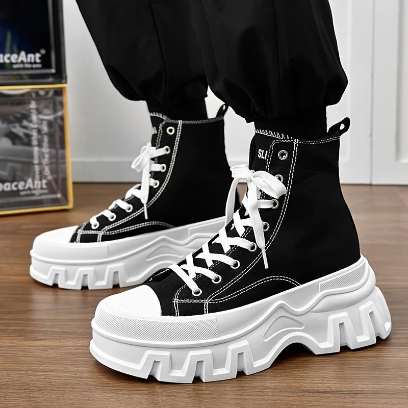 [Stylish High Top Boots] Durable High-Top Boots |   SLNU3 Men's Casual All-Season Footwear - Black Lace-Up with Thick White Sole, Round Toe