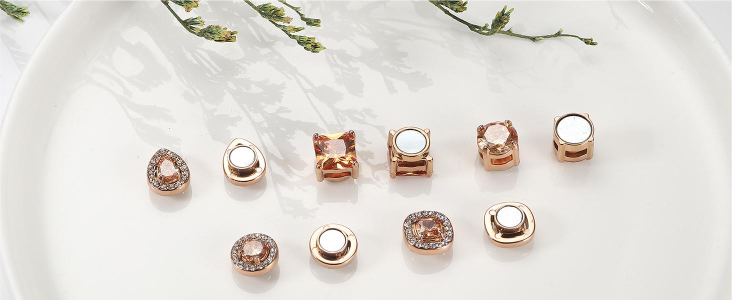 Florideco Stainless Steel Magnetic Stud Earrings for Women Non-piercing CZ Hypoallergenic Clip On Stud Earrings Round Square Teardrop Faux Diamond Halo Magnetic Earrings Set