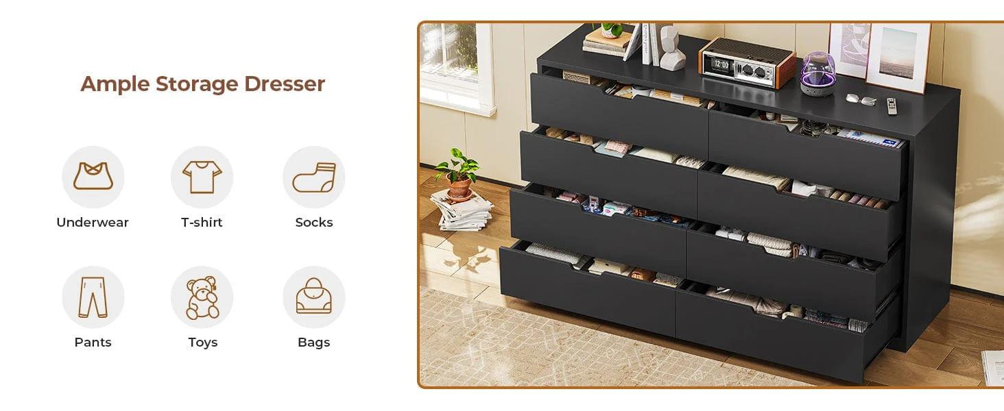 Sikaic 8 Drawers Dresser with Large Capacity Black Storage Cabinet Chest Storage Design Furniture