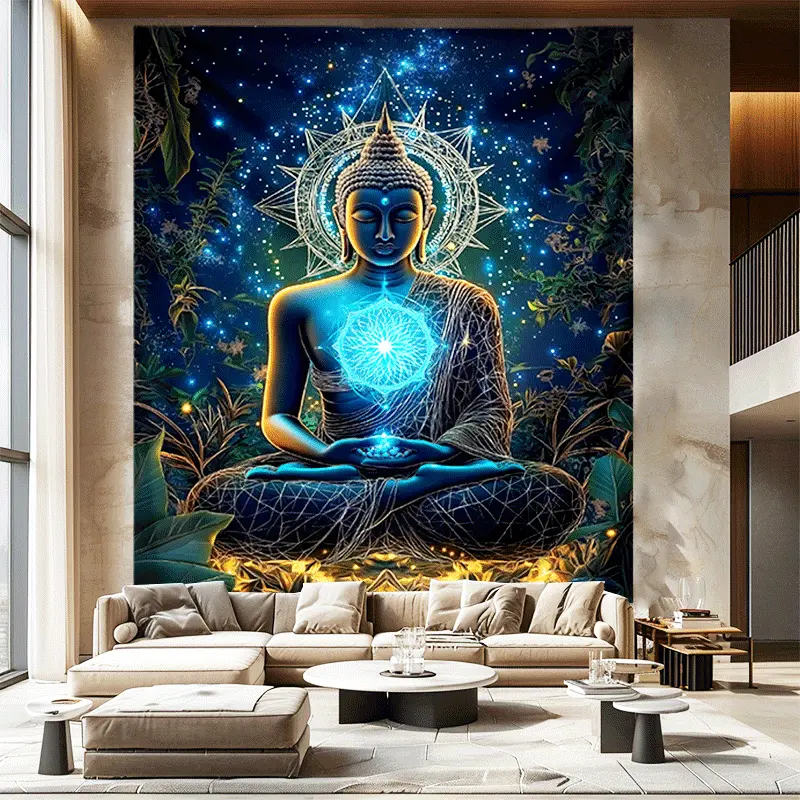 Extra Large Synthetic Polyester Tapestry - Neon, Nature, Bohemian, Sun, Starry Night, Buddhism Prints, Zen Buddha Flower, Cozy Feeling, Indoor Wall Hanging Backdrop, No Electricity Needed, Free Accessories with Hooks, Wedding Ceremony Bedroom Home Decor
