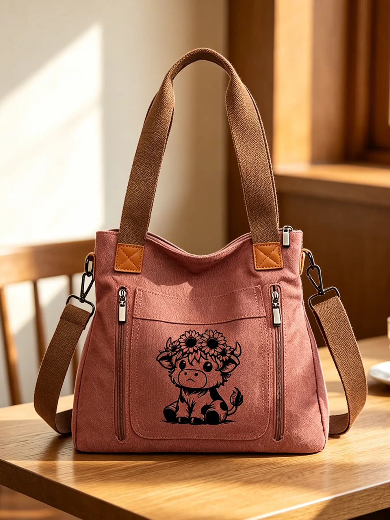 Women's tote bag with Highland cow print, equipped with shoulder strap, stylish practical design, durable material for daily use.
