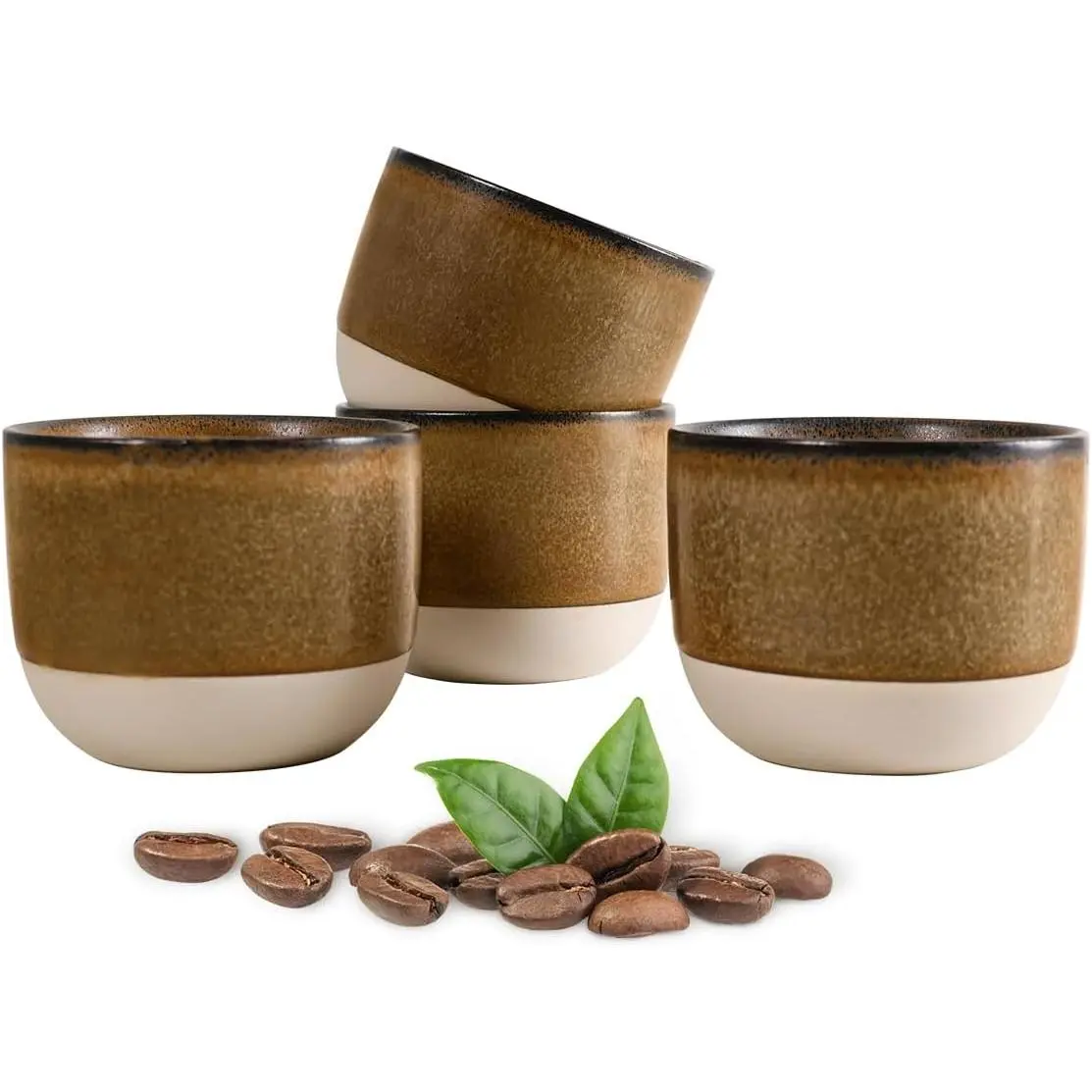 Ceramic Espresso Cup Set - Espresso Cup Set for Coffee and , Espresso Accessories for Espresso Machine, Coffee Mug for Cafe, and Restaurant, Pack of 4, Brown, Microwave & Freezer Safe