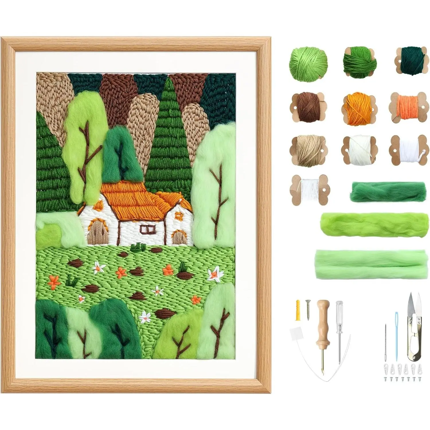 Punch Needle Kit, Punch Needle Embroidery kit, Crafts for Adults, Matching 16“Photo Frame Hanging on Wall as Home Décor (Forest with Photo Frame)