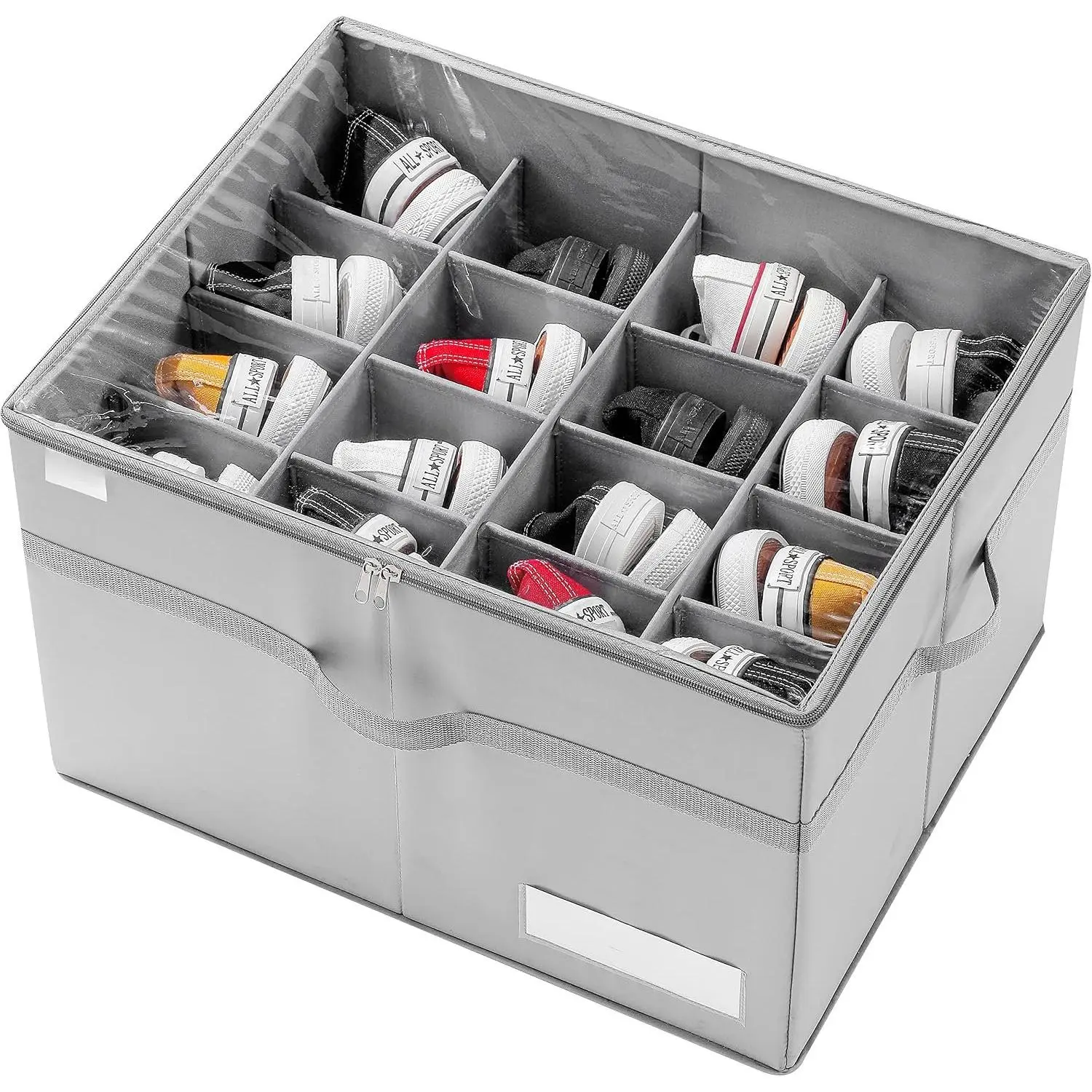 Shoe Organizer for Closet, Fits 16 Pairs, Large Shoe Box Storage Containers, Clear Foldable Shoe Storage Bins w/Bottom Support, Space Saving Shoes Holder w/Reinforced Handles, Gray