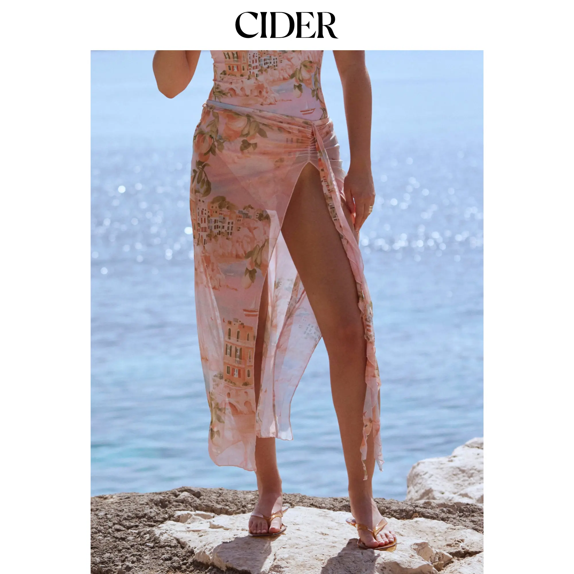 Cider Semi-sheer Low Rise Fruit Graphic Knotted Ruffle Hem Sarong