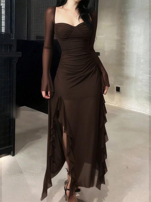 Women's Plain Ruffle Trim Long Sleeve Dress, Elegant Fashion Casual Sheer Mesh Dress for Daily Outdoor Wear, Women Dress for All Seasons，black tie wedding guest dress