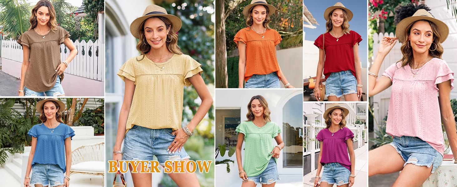 Women's Summer Tops Crewneck Eyelet Ruffle Short Sleeve Blouses Casual Babydoll Shirts 2025 S-2XL Lightweight Soft Knitted Fabric Trendy Babydoll Style