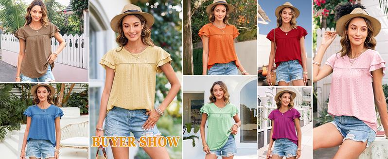 Women's Summer Tops Crewneck Eyelet Ruffle Short Sleeve Blouses Casual Babydoll Shirts 2025 S-2XL Lightweight Soft Knitted Fabric Trendy Babydoll Style