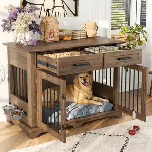 44.48" Large Dog Crate Furniture, Indoor Wooden Dog Kennel End Table with 2 Storage Drawers and Rotating Bowls, Decorative Pet Cage Dog House for Medium Dogs, Brown