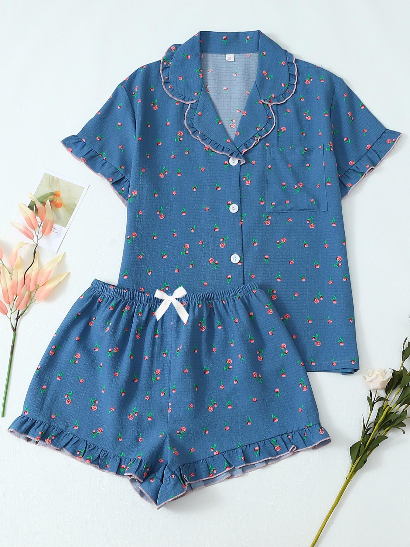 Women's Floral Print Pocket Shirt & Shorts Pyjama Two-piece Set, Casual Comfy Short Sleeve Collared Top & Shorts PJ Set, Ladies Summer Sleepwear Pajamas