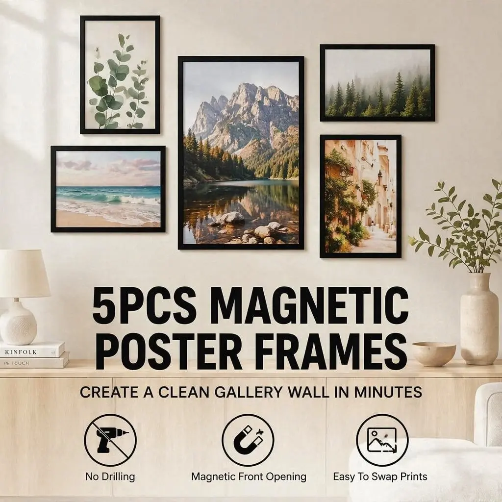 5 Pack A4/a6 Magnetic Self-Adhesive Photo Frames, Drill-Free Wall Mount, Minimalist Design, Easy Installation, Decor Organizer, Magnetic Picture Frame