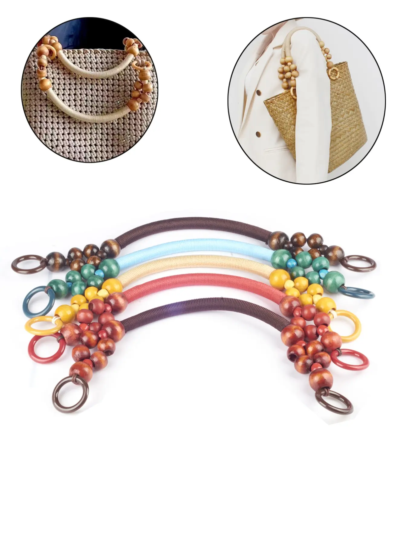 19 Inch Solid Color Bag Handle with Wooden Beads, Nylon Rope Woven Bag Strap, DIY Replacement Strap for Shoulder Bags and Handbags, Purse Accessory