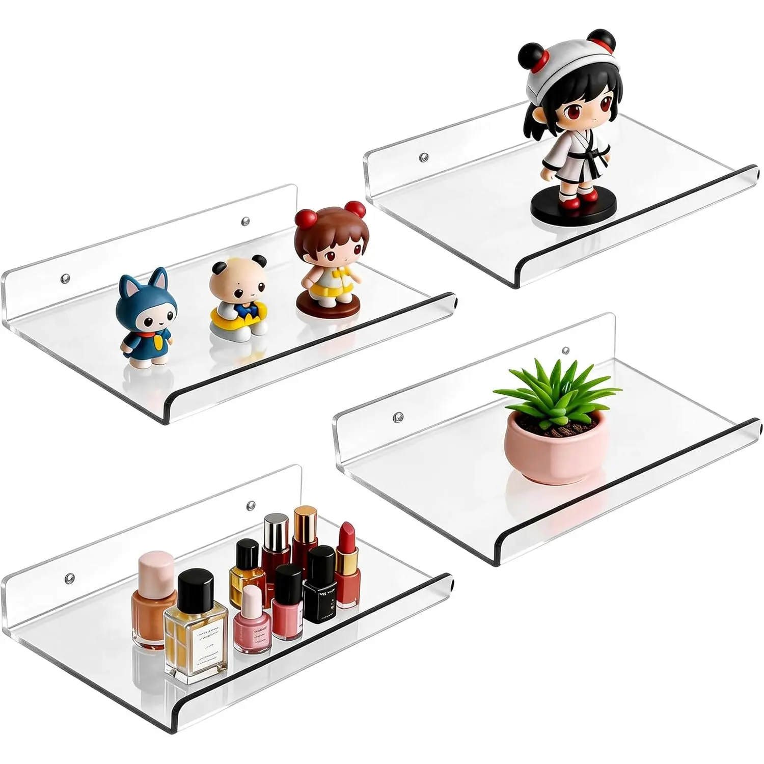 4-Pack Clear Acrylic Floating Shelves with Adhesive & No-Trace Nails - Ultimate No Drill Wall Mounted Display & Storage Organizer for Bathroom, Bedroom, Living Room, Office, 7.87" x 4" (4, U-Shape)