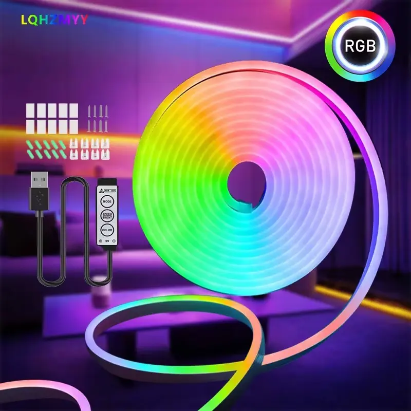 USB RGB Neon LED Strip Lights, 3-Key Remote, Adjustable Brightness, Flexible Night Light, DIY Creative, Indoor Atmosphere Lighting