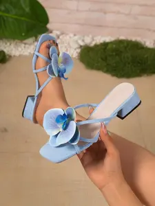 European and American Style Trendy 3D Orchid Decorative Sandals, Velvet Thick Heel Square Toe Summer Versatile Fairy Women's Shoes