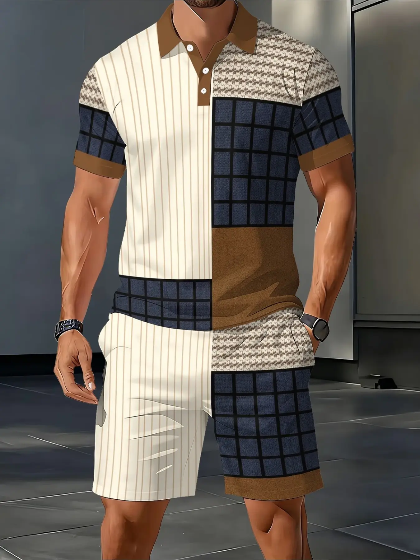 Men's Polo Set, Short Sleeve Polo Shirt and Shorts Two-Piece Set, Summer Casual Patchwork Polo Set, Comfortable and Stylish