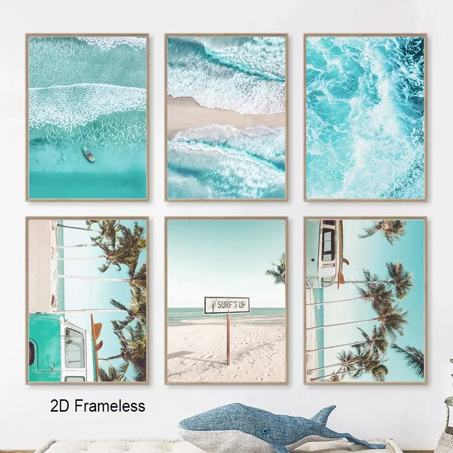 6-piece set, blue ocean waves and beach canvas print; summer palm trees, surfing, and coastal tropical-style wall art posters, perfect for modern teen home decor; frameless design