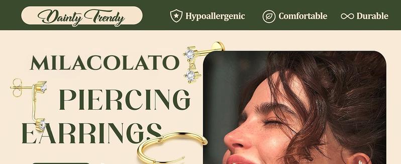 MILACOLATO Threadless Flat Back Earrings Hypoallergenic - 9 Pairs 316L Surgical Steel Push in CZ Studs & Hoops Set for Women Men 14K Plated Gold Cartilage Tragus Helix Nose Piercing Jewelry 16G 18G