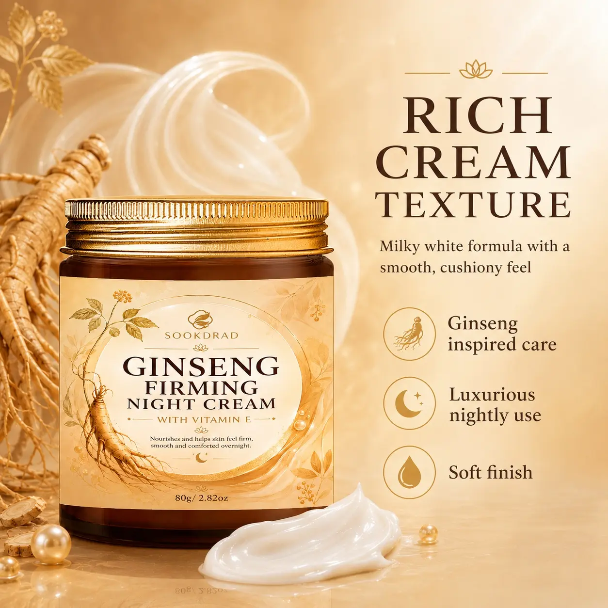 Ginseng Firming Night Cream, Vitamin E Infused, Overnight Skin Nourish, Smooth Firm Skin, Comfort Skin, 80g/2.82oz