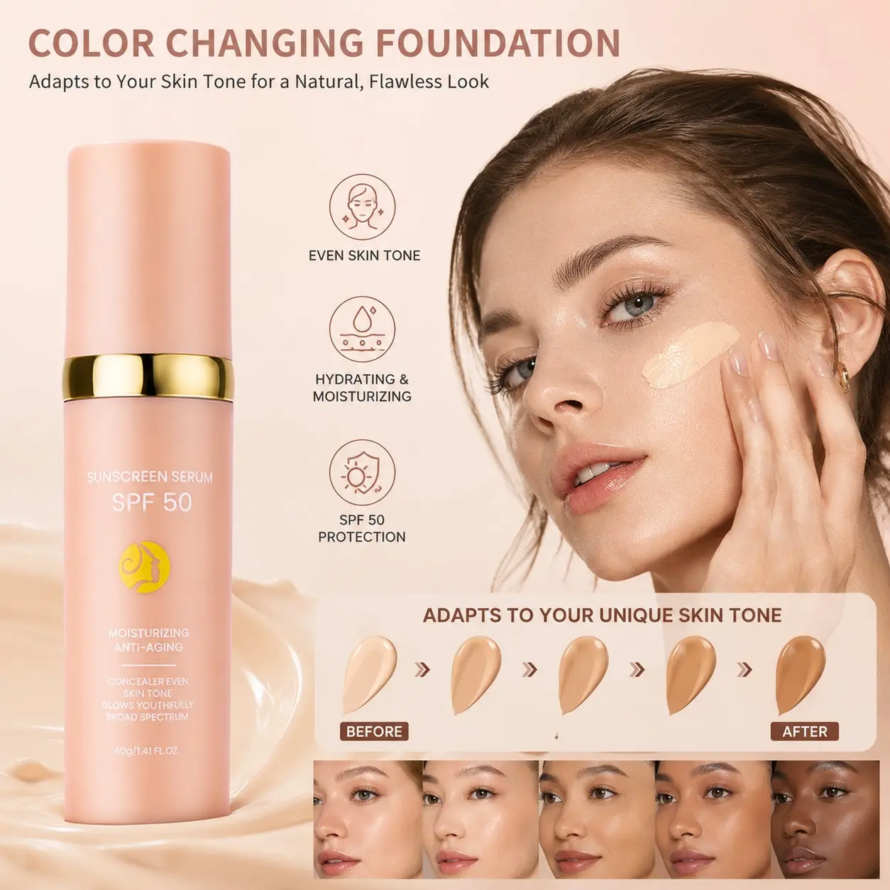 Temperature-sensitive color-changing foundation, lightweight and hydrating BB cream, 2-in-1 sunscreen base, covers acne marks and redness, creates a natural bare skin look Flawless