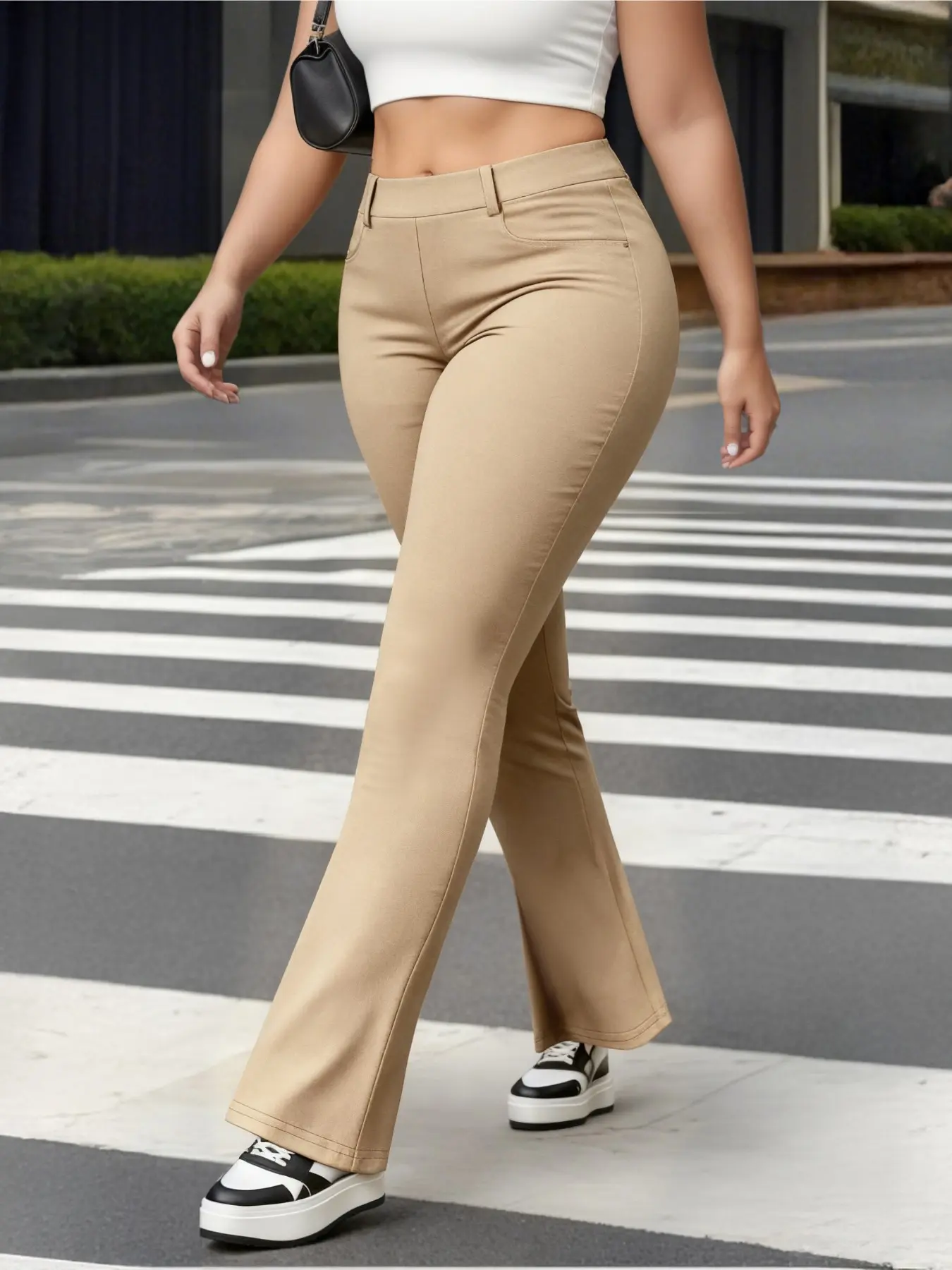 Plus Size High Waist Elastic Micro Flare Pants, Curvy Fit with Pockets, Casual Bell Bottoms, Perfect for Commute and Leisure