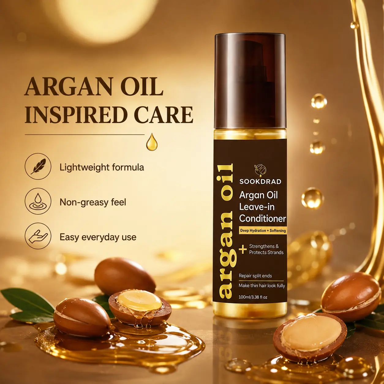 Argan Oil Leave-in Conditioner, argan oil, deep hydration, softening, strengthen strands, protect strands, repair split ends, for hair, for thin hair, daily hair care, 100ml/3.38fl oz