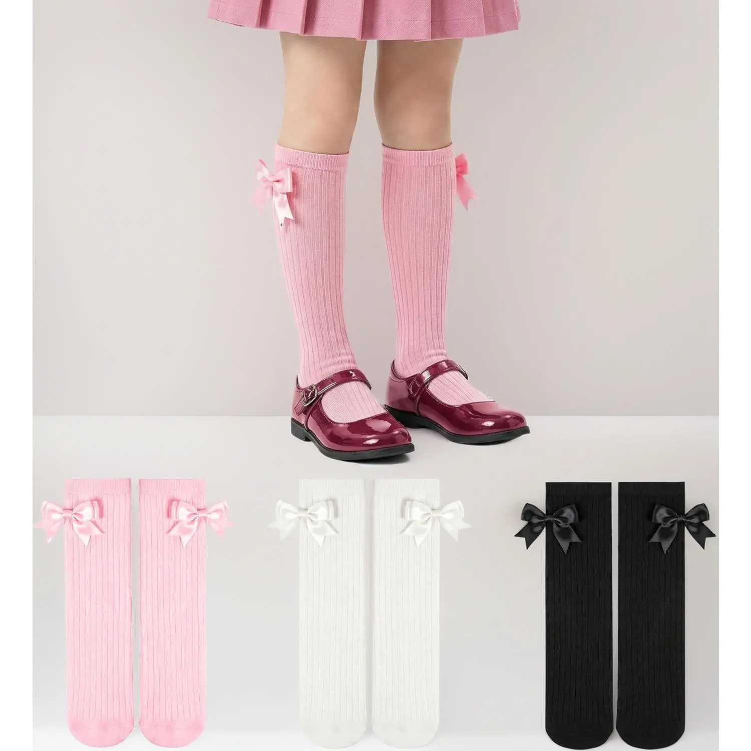 Girls' 3-Pair Cotton Knee High Socks Set with Bow Accents, School Uniform Dress Kneesocks for 4-12 Years Old, Sock Set