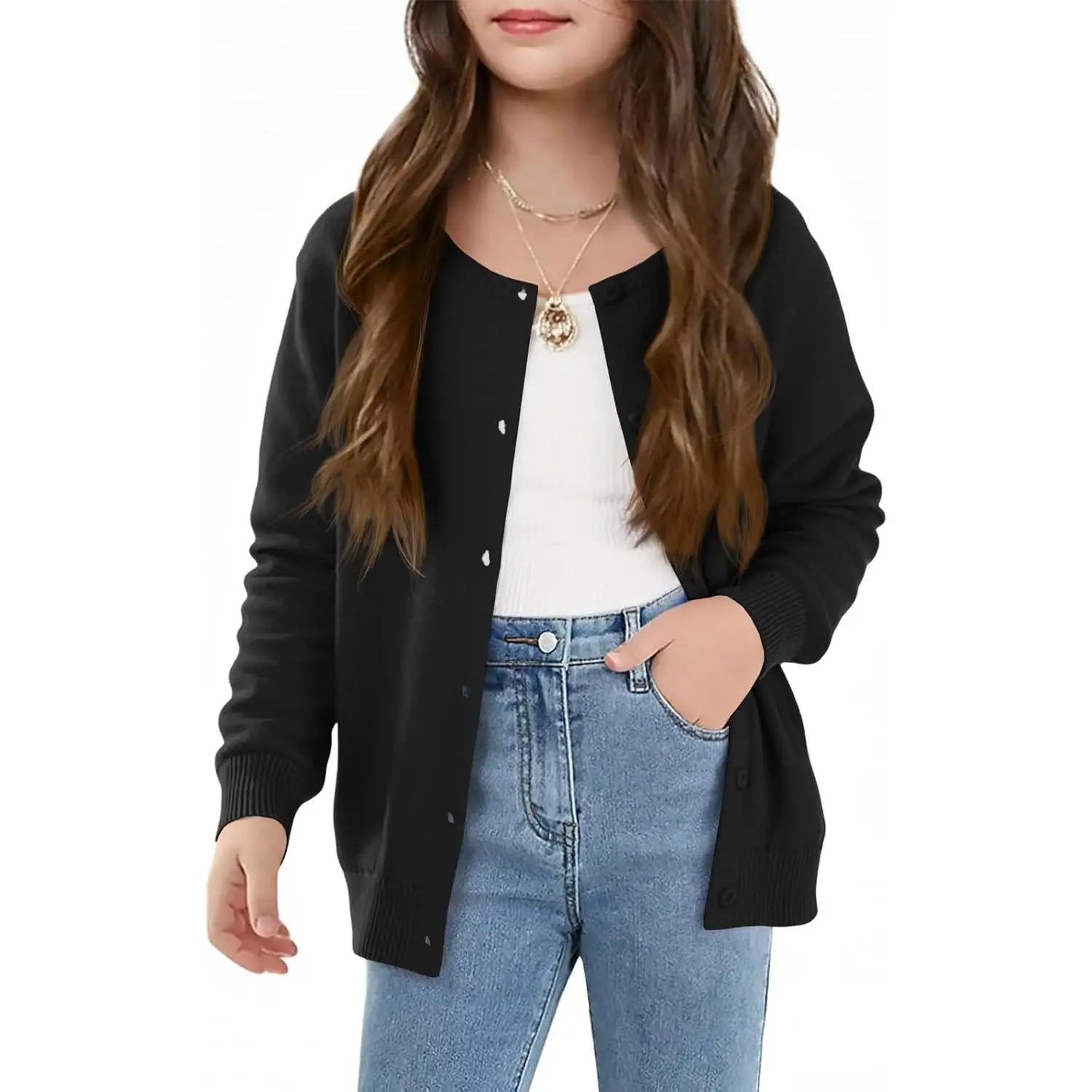 Haloumoning Girls Button Down Cardigan Kids Long Sleeve Crewneck Uniform Knit Sweater 5-14 Years