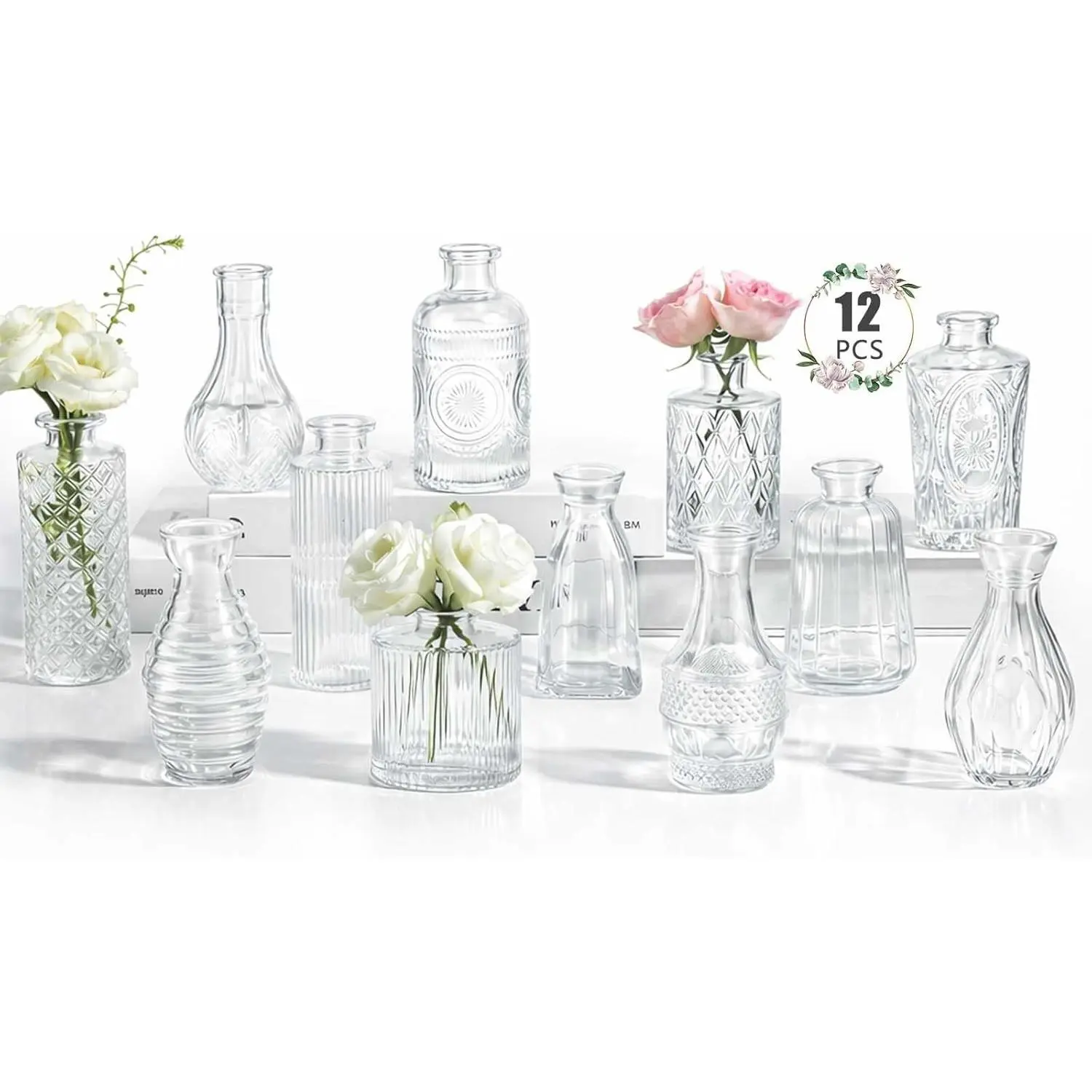 12 Pack Bulk Clear Glass Bud Vases, Small Flower Vases for Wedding Decorations, Table Centerpieces, Home Decor, Mother's Day, Party, Office Decoration