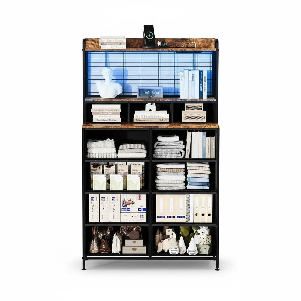 Smart Dresser with 11 Fabric Drawers - Built-in Charging Station with Wireless Charger, App-Controlled RGB LED Lighting - Industrial Anti-Tipping Storage Cabinet for Bedroom - Rustic Brown