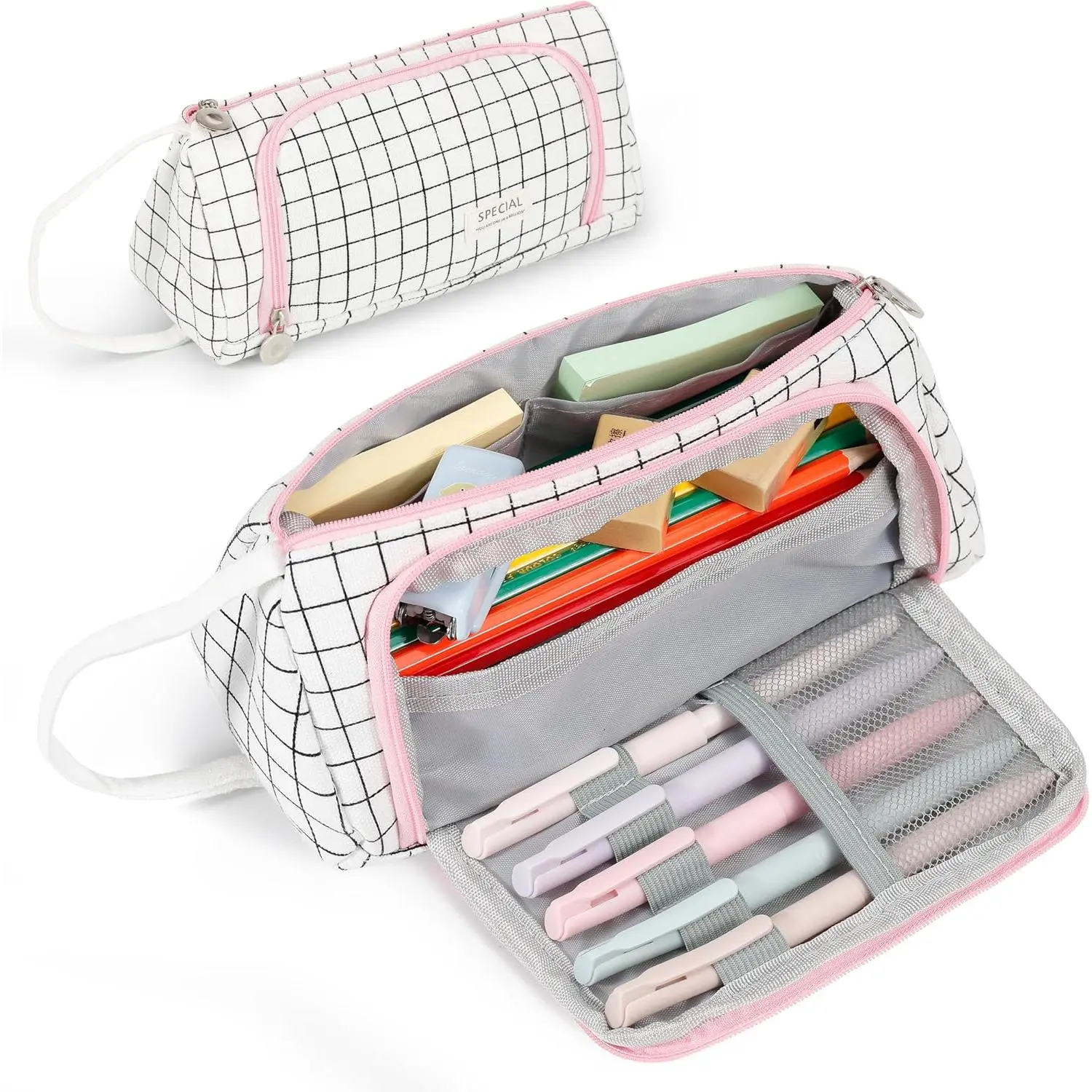 White Checkered Pencil Case Canvas Front Window Pouch Organizer | Double smooth zippers, roomy interior, clear view opening, portable handle, mesh pockets, versatile stationery holder