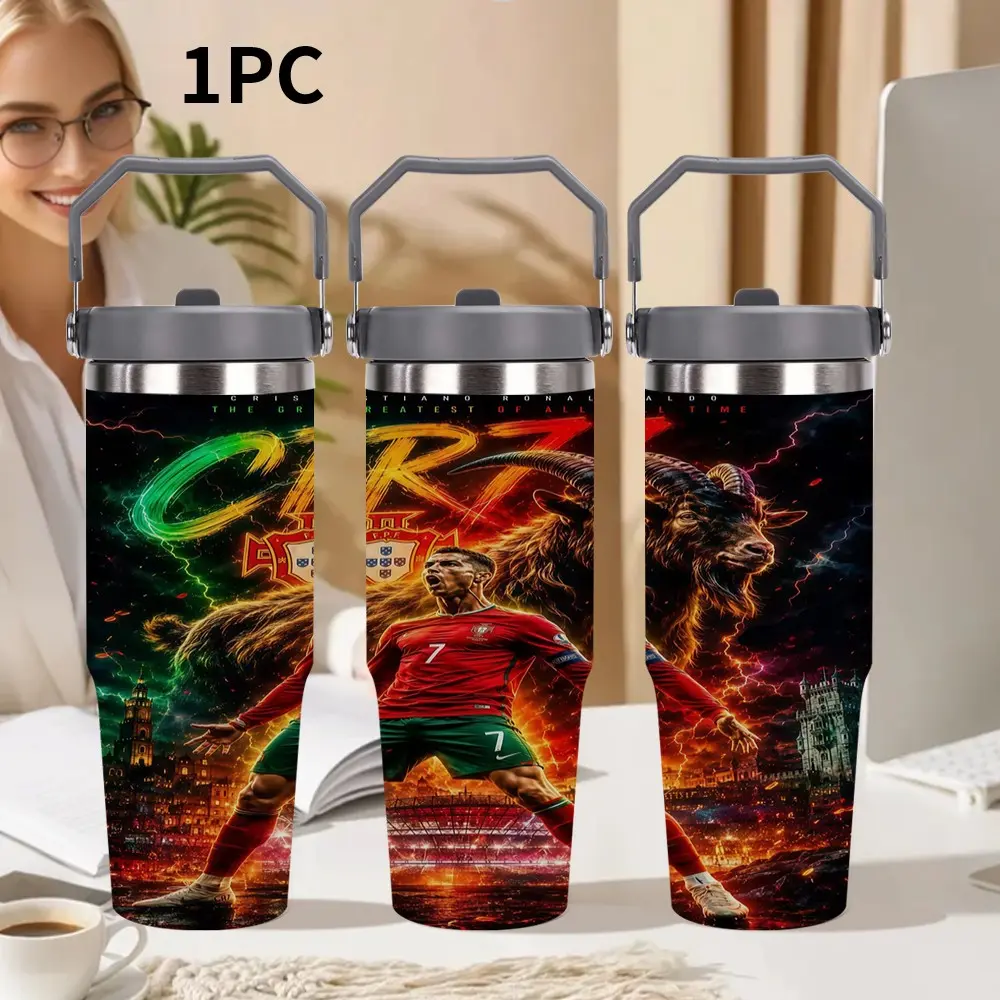 1pc 30oz/20oz Stainless Steel Insulated Tumbler, Cristiano Ronaldo Pattern Design, Leakproof, Hand Wash, Reusable, , Ideal for Travel & Sports, Perfect Gift for Halloween, Easter, Thanksgiving, Valentine'S Day,ideal gift for friends who love football.