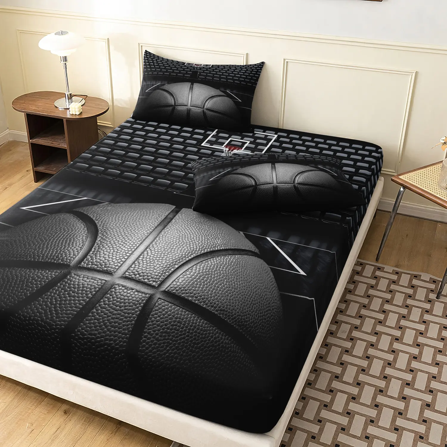 3 Pieces Black Grey Basketball Court Hoop Print Fitted Sheet Set, Sports Basketball Texture Print Bedding, Soft Microfiber Sporty Masculine Aesthetic Bedding Decor (1 Fitted Sheet + 2 Pillowcases, No Pillow)