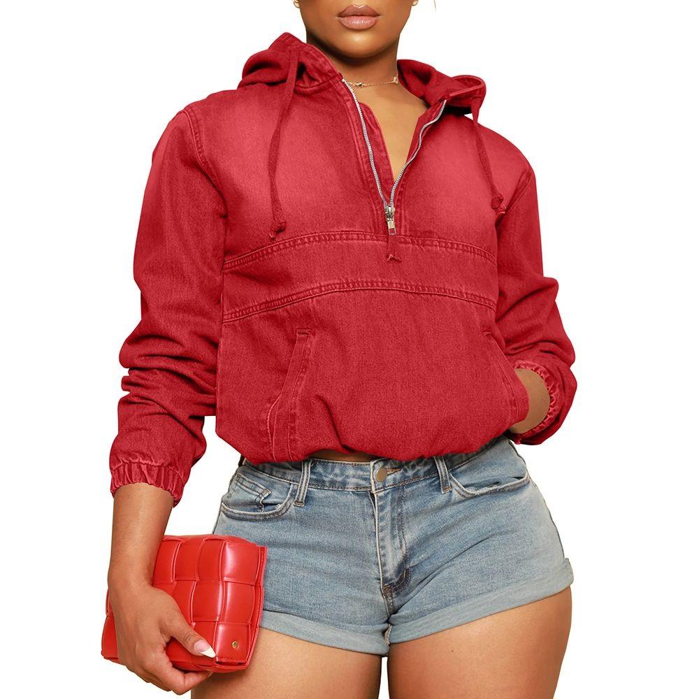 2026Women'S Half Zip Denim Hoodie Pullover Jacket Jean Tops..