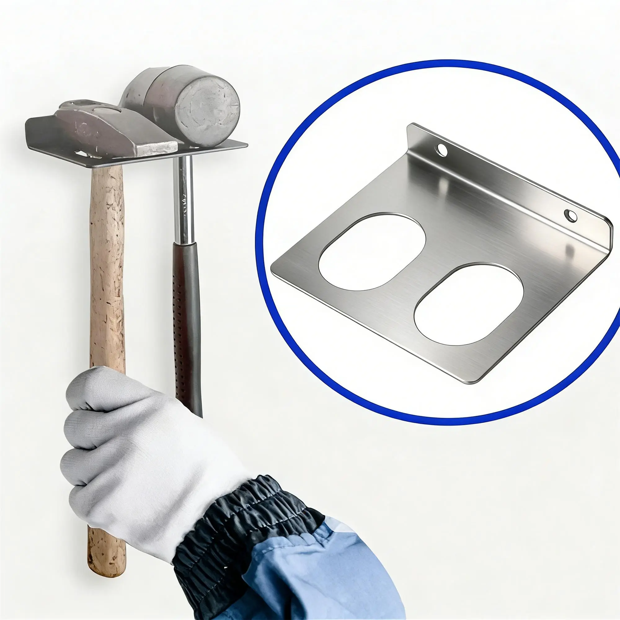 1/2, dual hole practical hammer storage rack, space saving stainless steel organizer, no assembly required, compatible with multiple hammers, wrenches, multifunctional storage racks, sturdy and durable, compact design, workshop organizer, screwdriver - ve