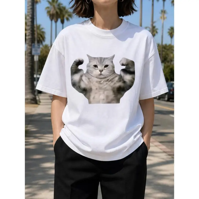 Men's casual short-sleeved T-shirt - Summer breathable round-neck T-shirt, with fitness cat pattern print. Machine washable regular fit, suitable for casual clothing, for summer wear.
