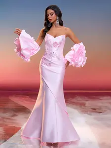 Elegant Strapless Heart Neckline Satin Fish Tail Gown, Floral Sequin Embroidery, Formal Evening Long Dress for Weddings