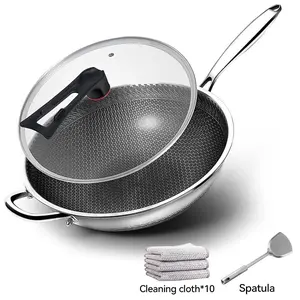 13.3-Inch Stainless Steel Wok with Lid And Spatula, Non-Stick Stir Fry Pan with Honeycomb Design, Induction & Electric Stove Compatible, Professional Kitchen Cookware