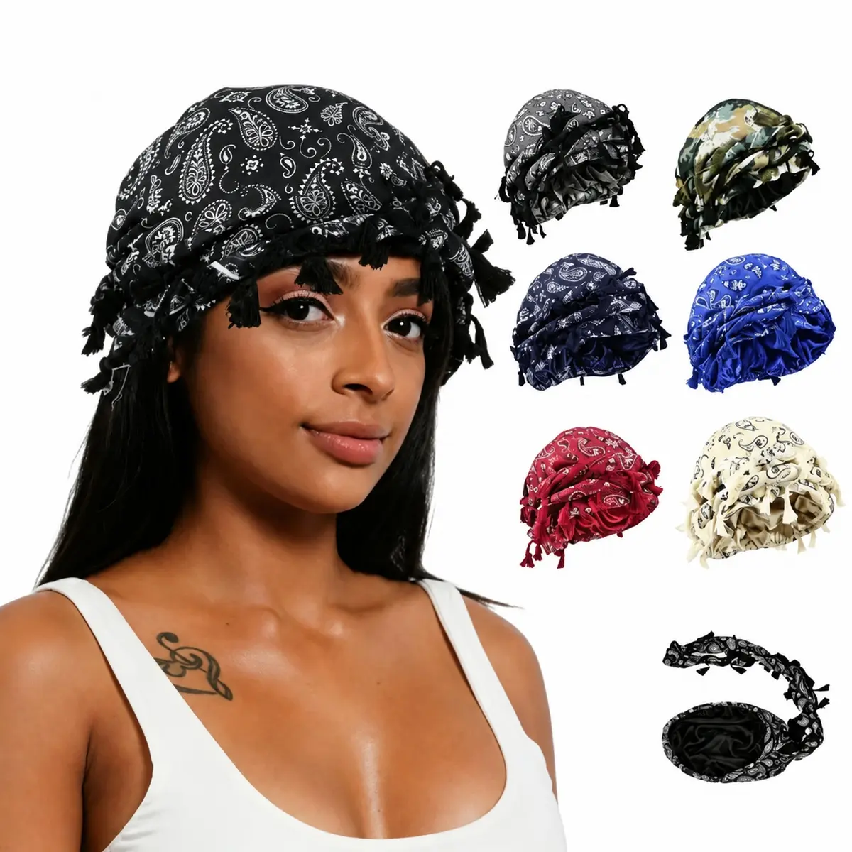 Paisley Bandana Print Hair Turban Hat, Vintage Boho Head Wrap with Tassel Fringe, Adjustable Durag Style Cap for Women & Men, Streetwear Hip Hop Fashion Accessory, Protective Hair Cover for Daily Wear