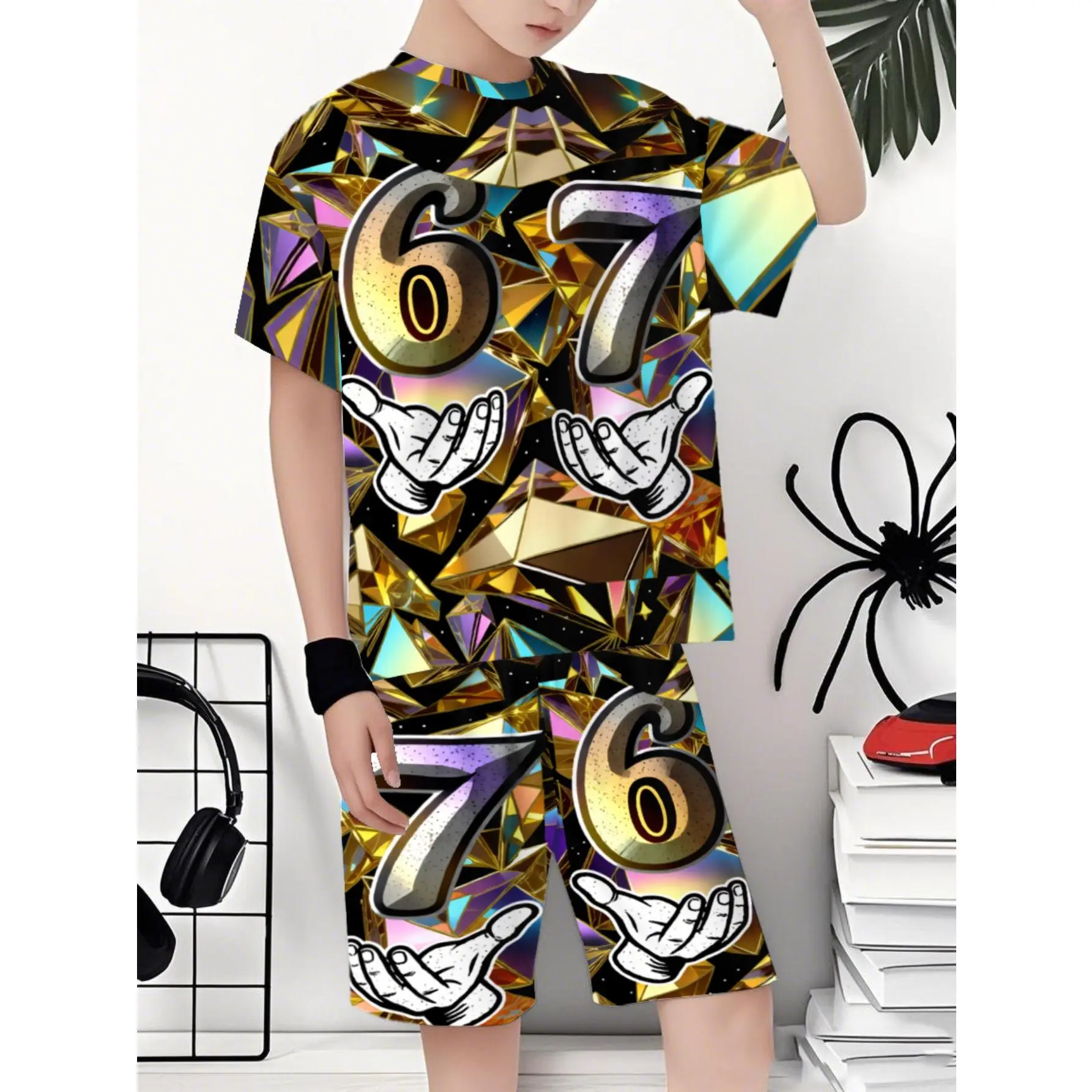 Shiny Iridescent Diamond Background 67 Numeral Hand Motif All Over Print Tee, Trendy Numeral 67 Design Gift T-Shirt,Breathable Unisex Streetwear Suitable for boys Wearers# TikTokMadeMeBuyIt# TikTokShop#67PrintTee#Holographic Diamond Shirt