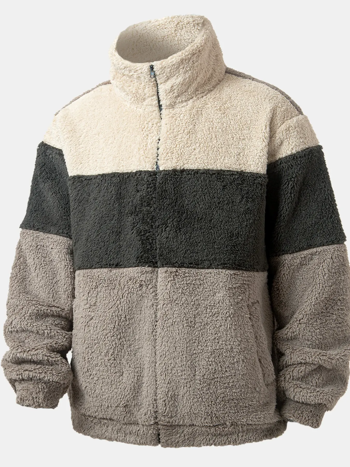 Men's Fashion Fake Lamb Fleece Patchwork Stand Collar Coat, Winter Casual Loose Thick Warm Jacket, Stylish Outerwear for Men
