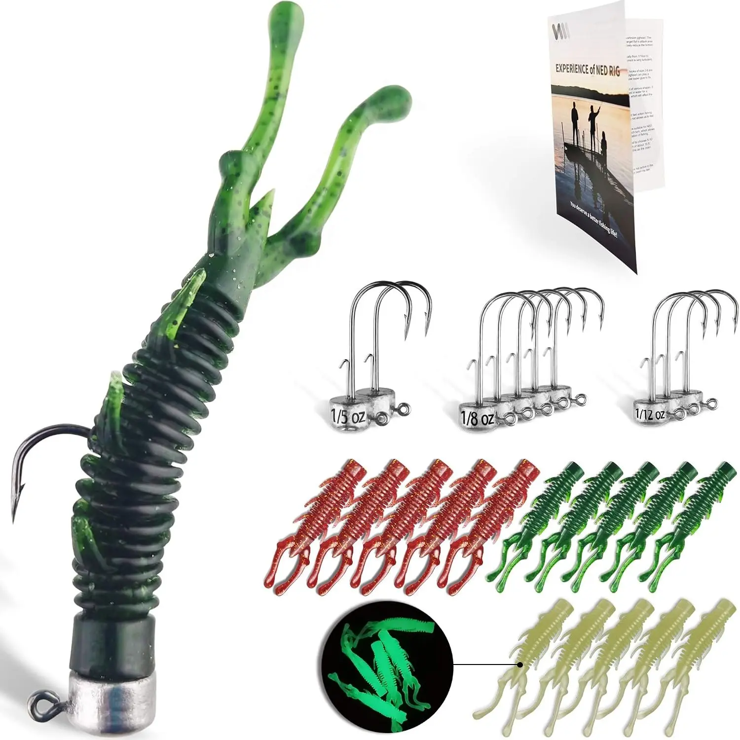 60/25 Pcs Ned  Jig Heads Soft Plastic Worms Stick Baits Kit, Mushroom Ned Rigs Jighead Hooks Worm Fishing Lures for Bass Freshwater Saltwater Fishing