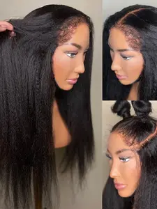 Soft Long 30 Inch Natural Black 180 Density Yaki Kinky Straight  Hair Wig, Heat Resistant, Pre-Plucked, Daily Wear, Synthetic Glueless, 13x4 Front Lace
