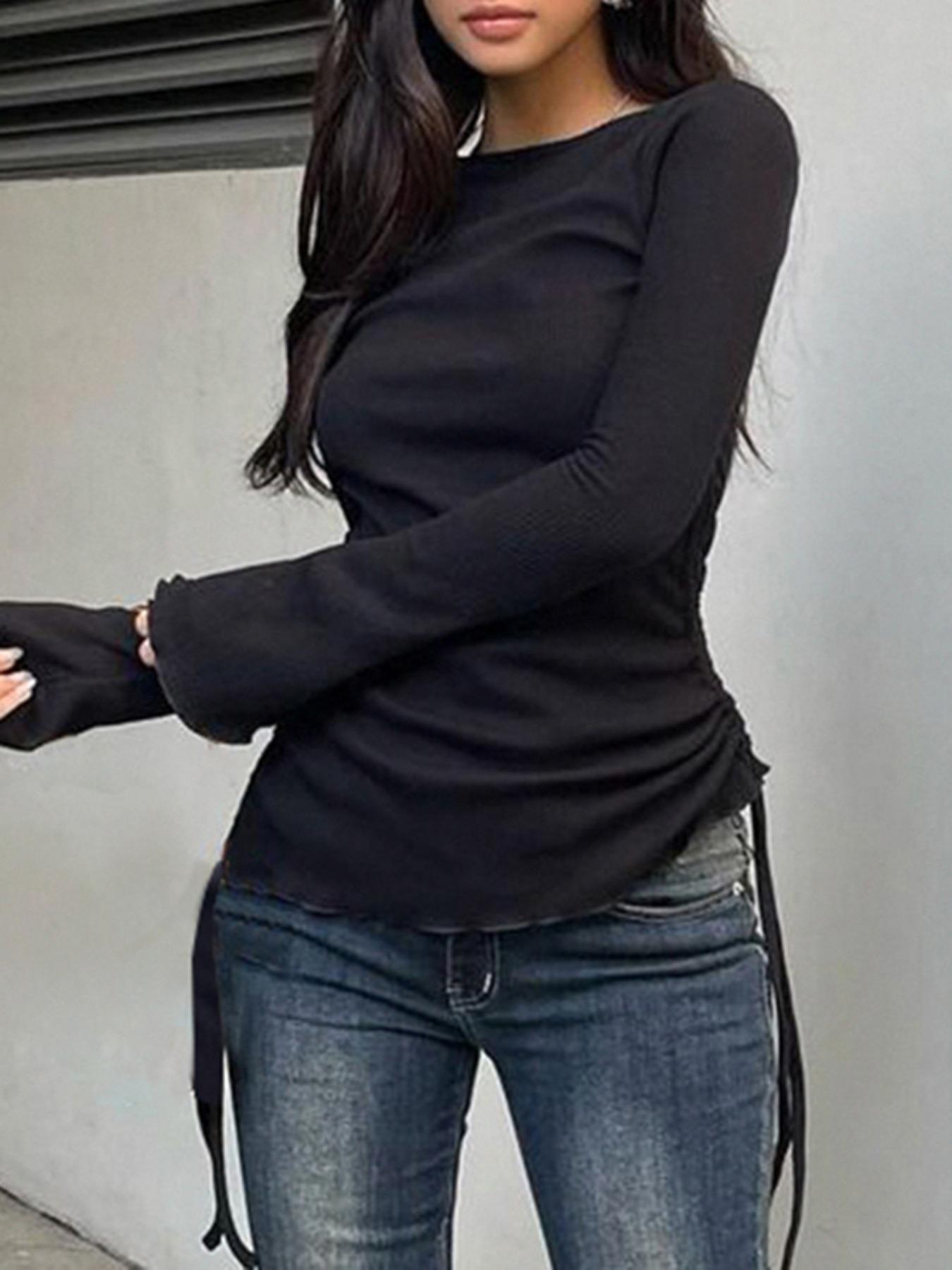 Women's Plain Ruched Ribbed Drawstring Lettuce Trim Flounce Sleeve Tee, Casual Street Comfort Boat Neck Longsleeves T-shirt for Fall, Lady T Shirts Clothes for Daily Wear, Fall Outfits, Fallfreshness, Fall Gift