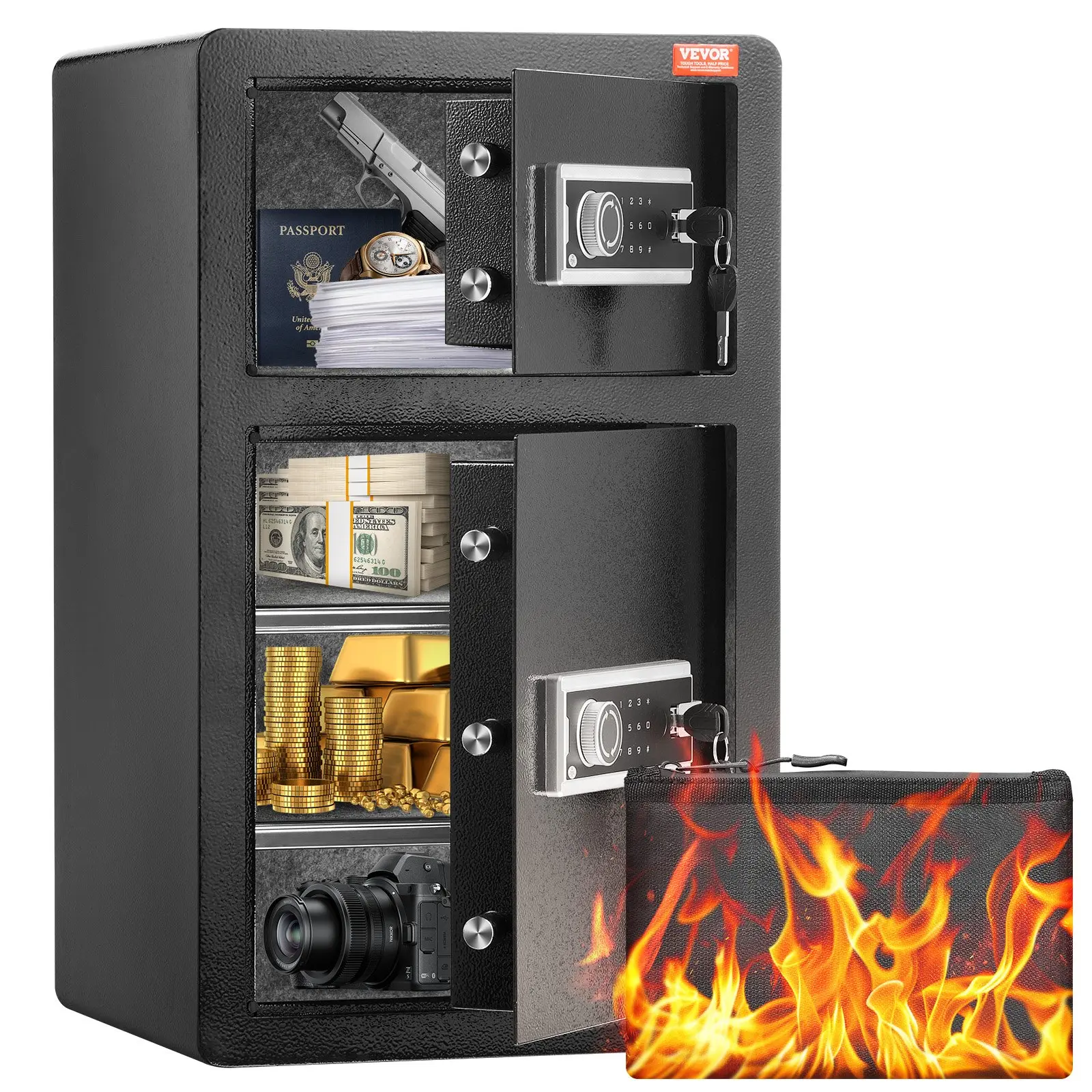VEVOR 4.5 cu. ft Rectangular Fire & Security Safe Box, Double Doors with Key Lock & Password, Includes Fireproof Bag, Key Rack, LED Light, 2 Height-Adjustable Removable Dividers for Money & Valuables, Black