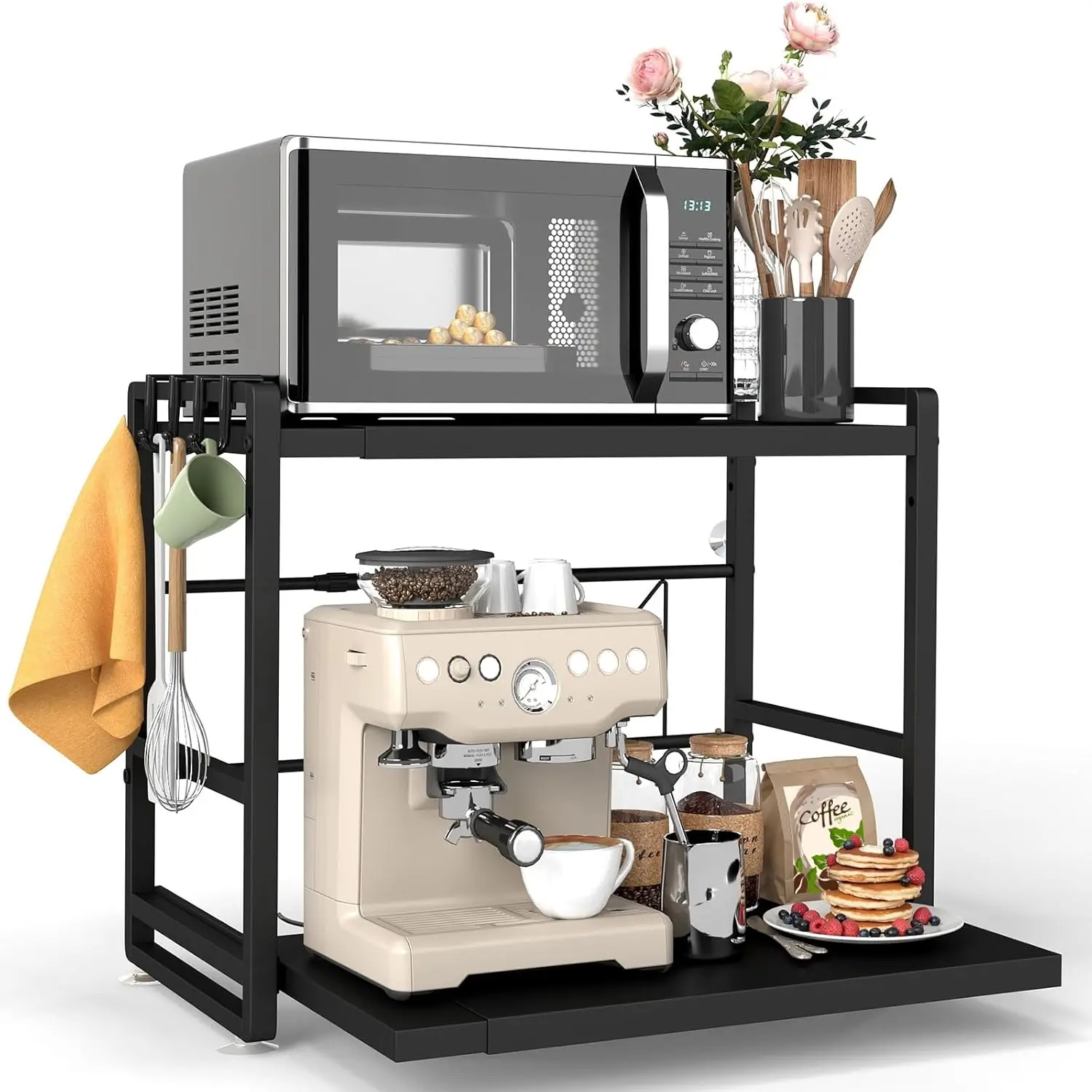 Camping 2-Tier Carbon Steel Storage Rack - Height-Adjustable, Extendable Kitchen Shelf with Drawers, Hooks, Reinforcement Suction Cups, Assembly Required (Black), With Hooks