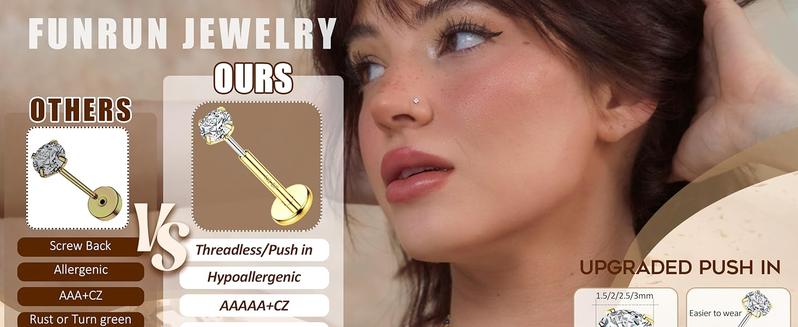 14K Gold Nose Studs For Women 316L Surgical Steel Threadless Nose Ring Lip Studs Push In Flat Back Stud Earrings Cz Nose Nostril Tragus Helix Body Piercing Jewelry Silver Gold 20G 18G 14K Gold Nose Studs For Women 316L Surgical Steel Threadless Nose Ring Lip Studs Push In Flat Back Stud Earrings Cz Nose Nostril Tragus Helix Body Piercing Jewelry Silver Gold 20G 18G